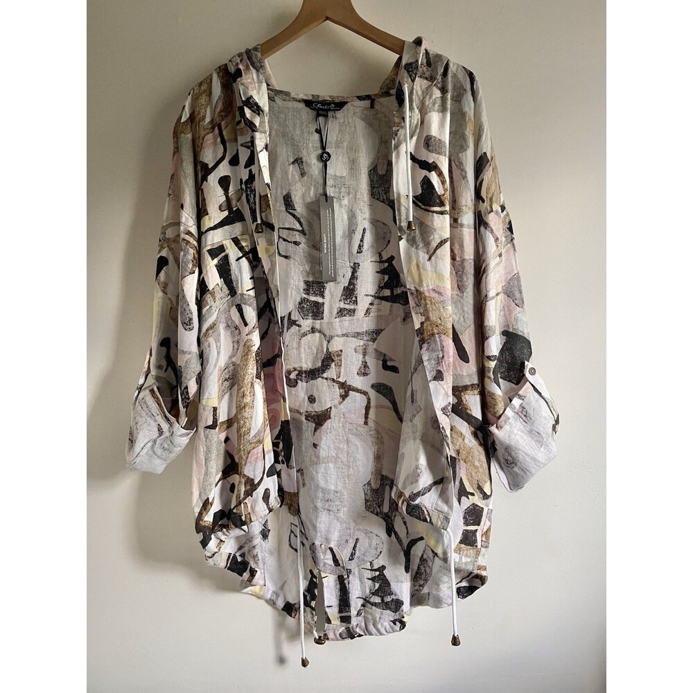 NWT Charlie B Drawstring Kimono Duster Hooded XXL Linen Geometric Abstract Artsy